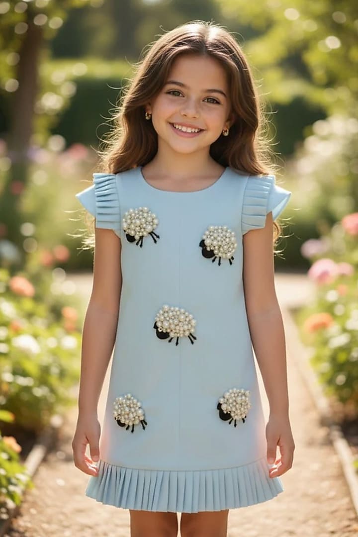 Ice Blue Moss Pearl Embellished Dress For Girls by Pooja Wang at Pernia's Pop Up Shop