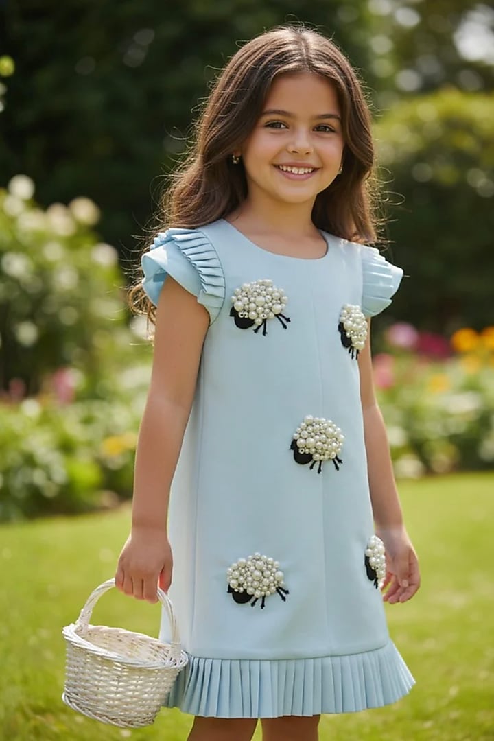 Ice Blue Moss Pearl Embellished Dress For Girls by Pooja Wang at Pernia's Pop Up Shop