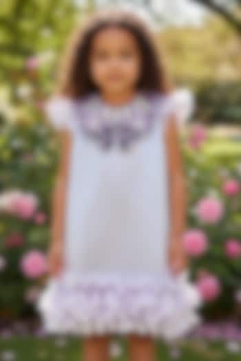 Lavender Dutch Satin Embroidered Frilled Dress For Girls by Pooja Wang at Pernia's Pop Up Shop