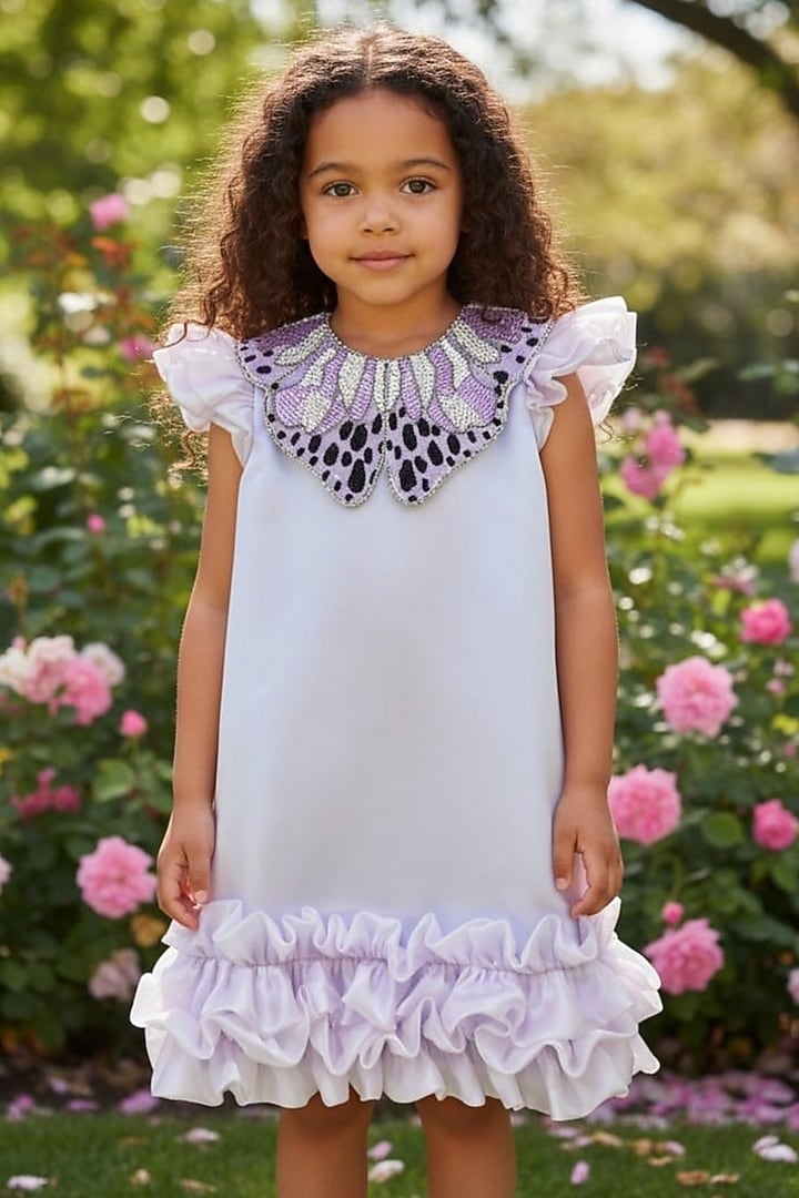 Lavender Dutch Satin Embroidered Frilled Dress For Girls by Pooja Wang at Pernia's Pop Up Shop
