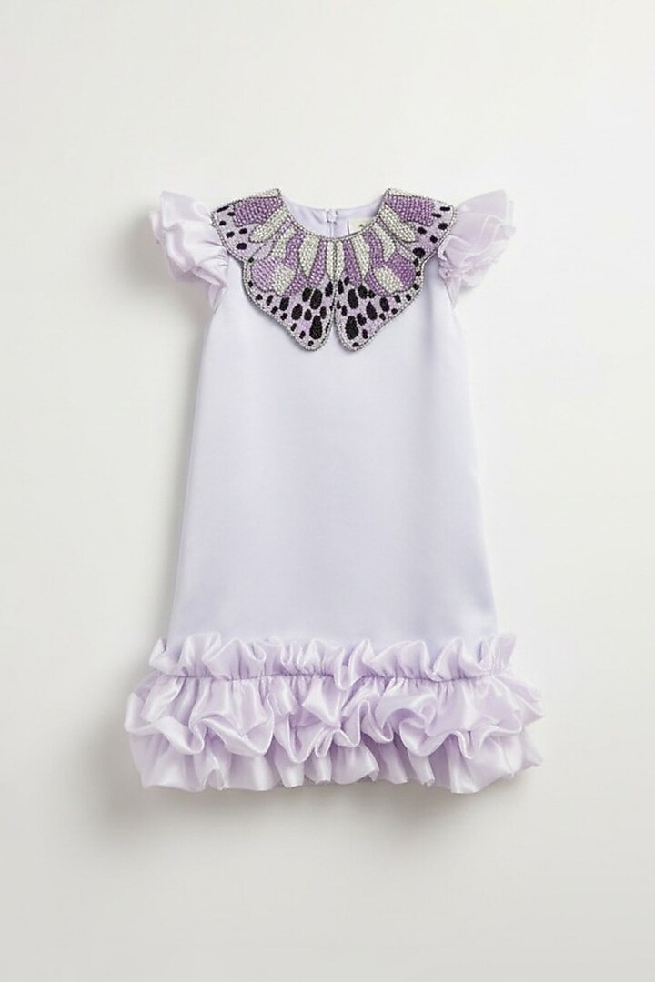 Lavender Dutch Satin Embroidered Frilled Dress For Girls by Pooja Wang at Pernia's Pop Up Shop