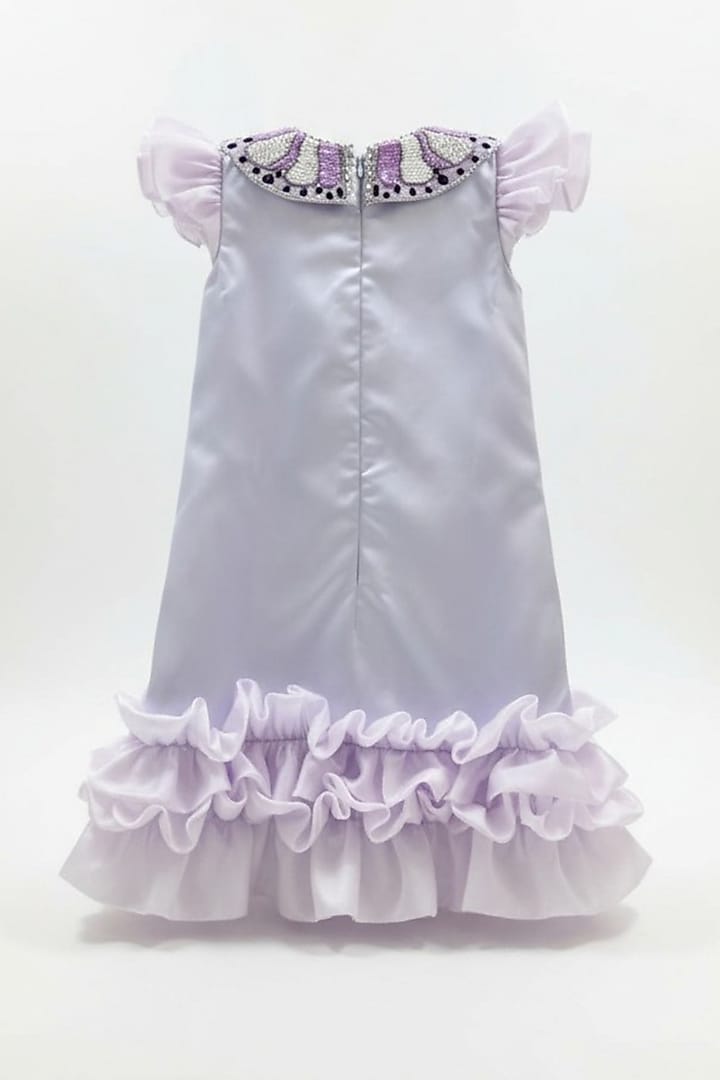 Lavender Dutch Satin Embroidered Frilled Dress For Girls by Pooja Wang at Pernia's Pop Up Shop