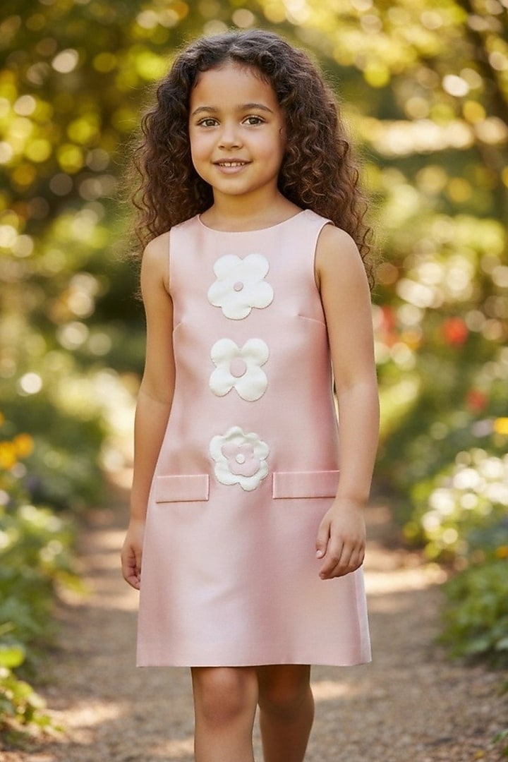 Pink Dutch Satin Floral Applique Embroidered A-Line Dress For Girls by Pooja Wang at Pernia's Pop Up Shop