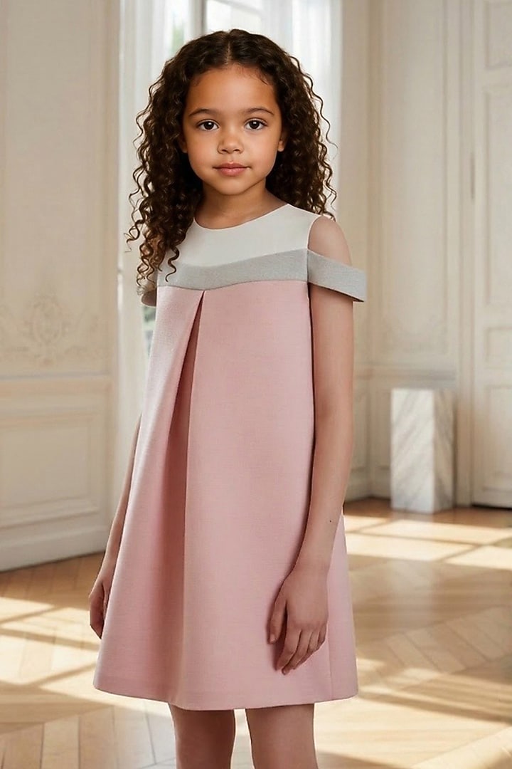 Peach Dutch Satin Color-Blocked Dress For Girls by Pooja Wang at Pernia's Pop Up Shop