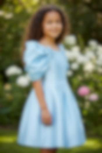 Ice Blue Dutch Satin Pearl Embellished Dress For Girls by Pooja Wang at Pernia's Pop Up Shop
