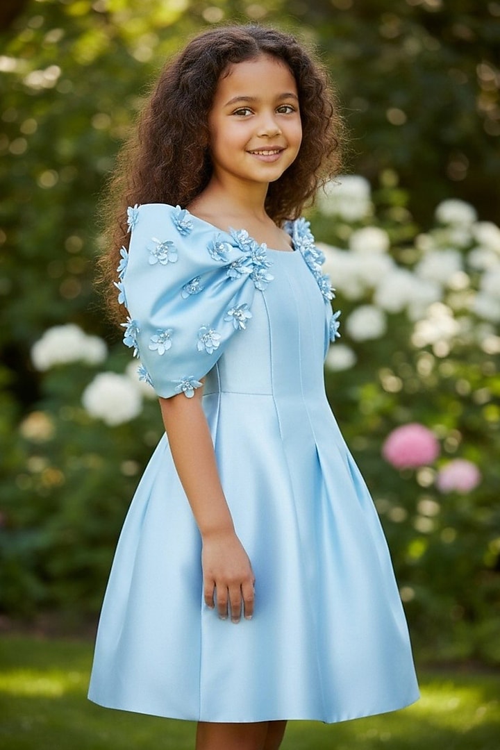 Ice Blue Dutch Satin Pearl Embellished Dress For Girls by Pooja Wang at Pernia's Pop Up Shop