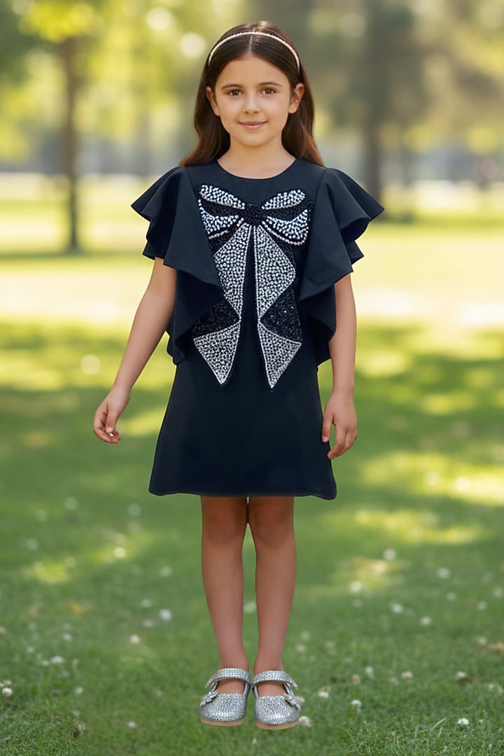 Black Moss Crystal Embellished Draped Dress For Girls by Pooja Wang at Pernia's Pop Up Shop