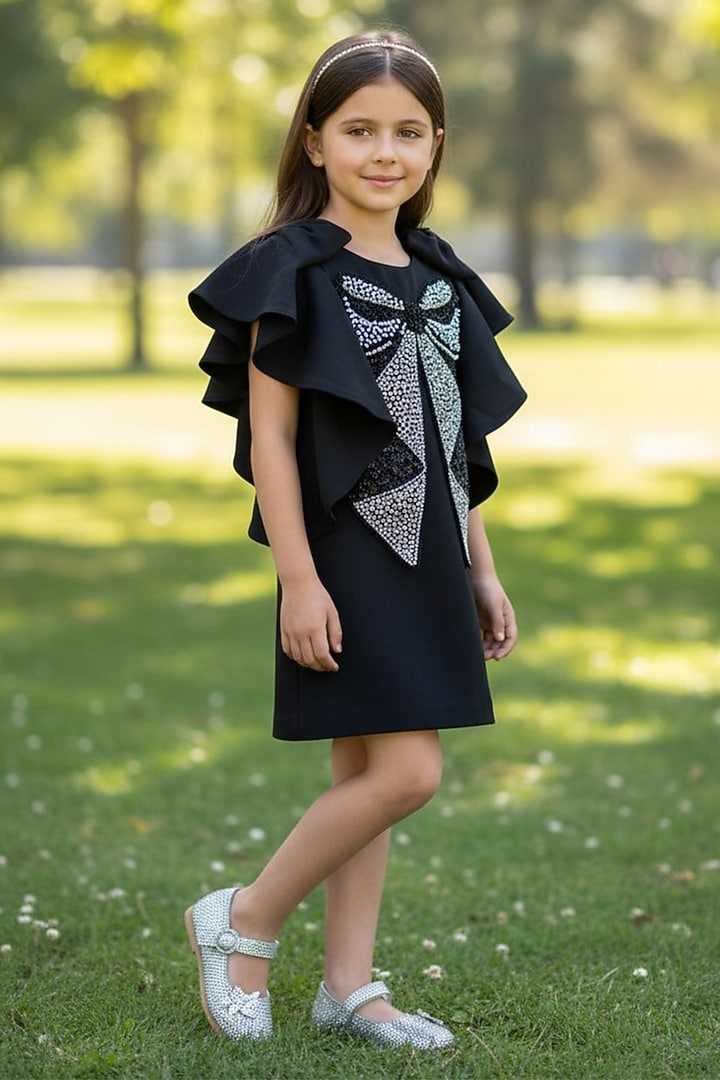 Black Moss Crystal Embellished Draped Dress For Girls by Pooja Wang at Pernia's Pop Up Shop