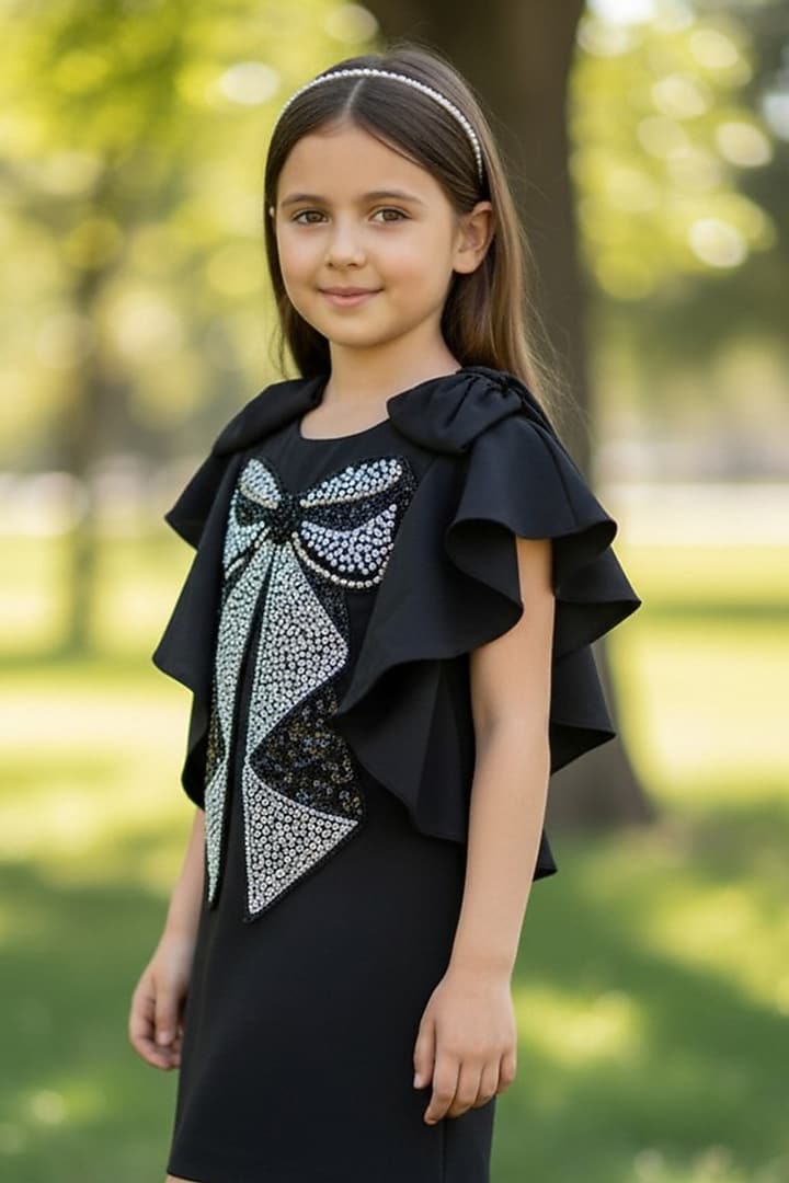 Black Moss Crystal Embellished Draped Dress For Girls by Pooja Wang at Pernia's Pop Up Shop