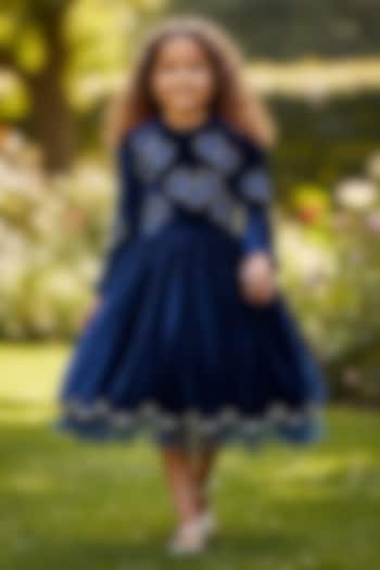Royal Blue Velvet Crystal Embellished Dress For Girls by Pooja Wang at Pernia's Pop Up Shop