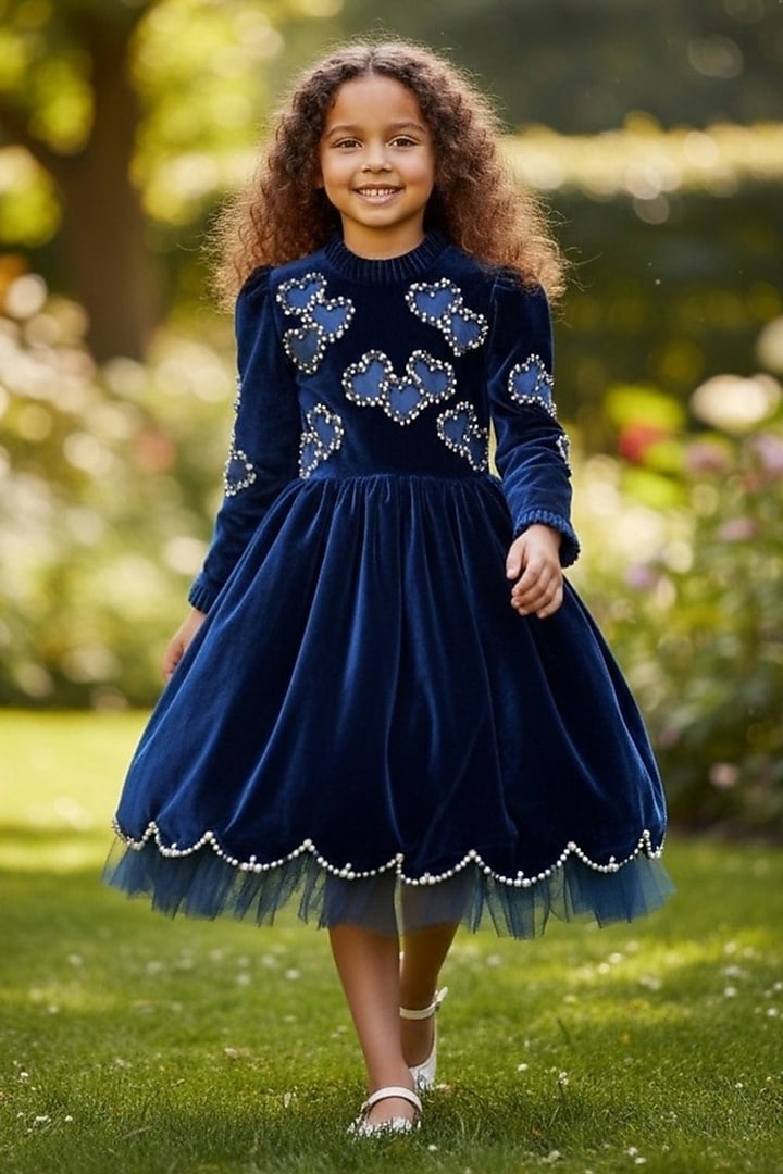 Royal Blue Velvet Crystal Embellished Dress For Girls by Pooja Wang at Pernia's Pop Up Shop