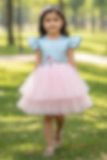 Ice Blue & Pink Net Pearl Embellished Dress For Girls by Pooja Wang at Pernia's Pop Up Shop