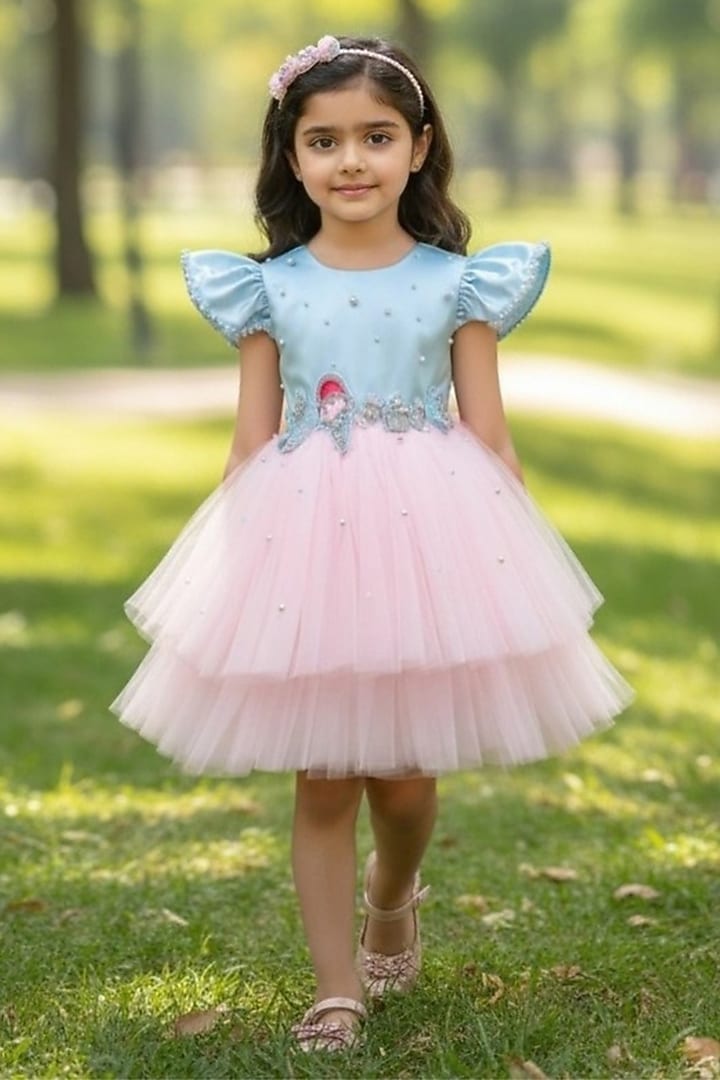 Ice Blue & Pink Net Pearl Embellished Dress For Girls by Pooja Wang at Pernia's Pop Up Shop