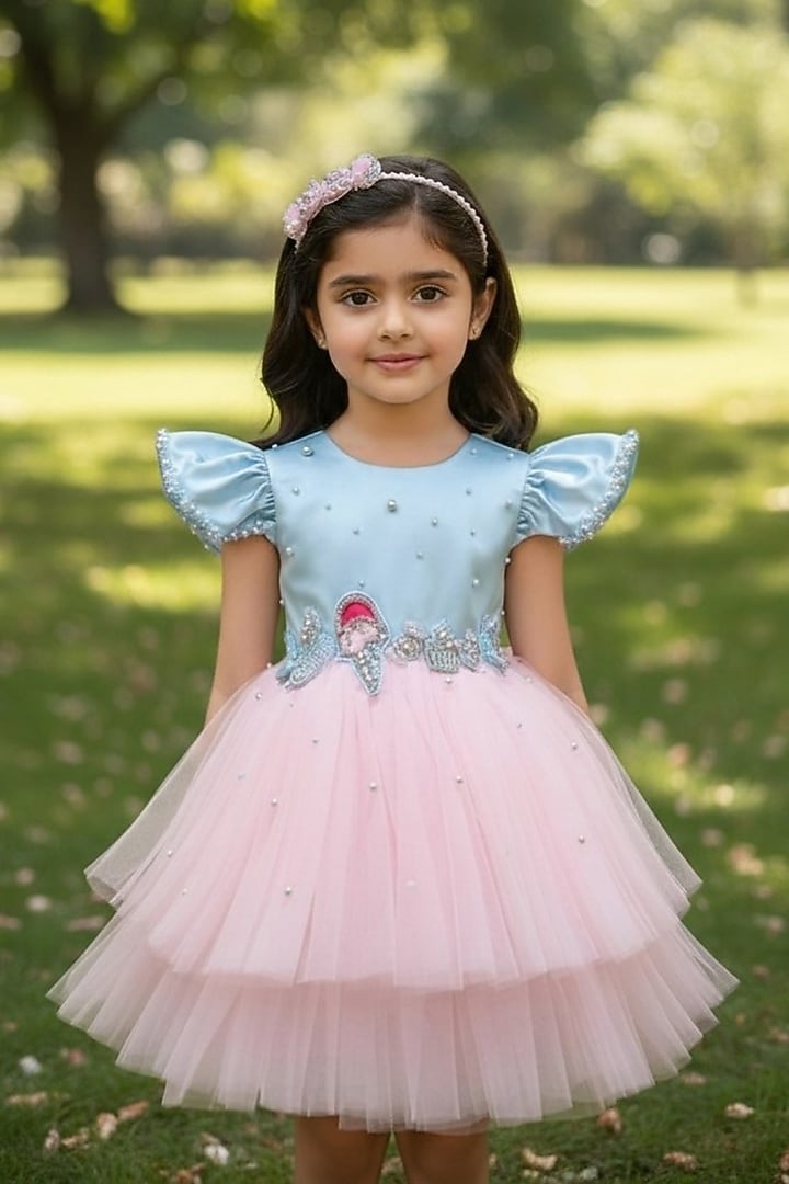 Ice Blue & Pink Net Pearl Embellished Dress For Girls by Pooja Wang at Pernia's Pop Up Shop