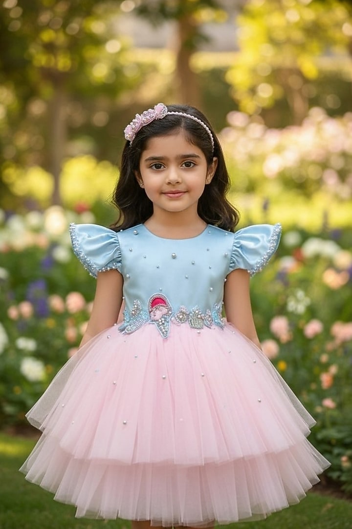 Ice Blue & Pink Net Pearl Embellished Dress For Girls by Pooja Wang at Pernia's Pop Up Shop