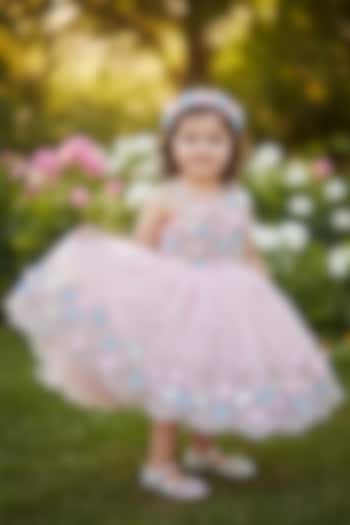 Baby Pink Net Floral Embellished Dress For Girls by Pooja Wang at Pernia's Pop Up Shop