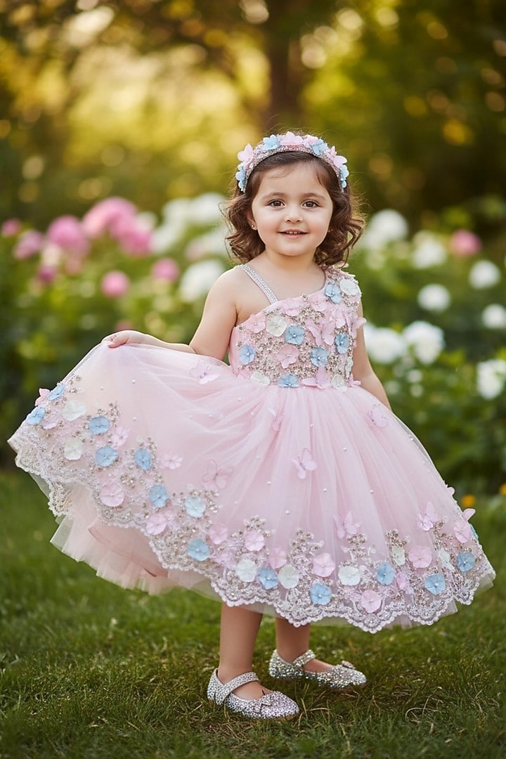 Baby Pink Net Floral Embellished Dress For Girls by Pooja Wang at Pernia's Pop Up Shop