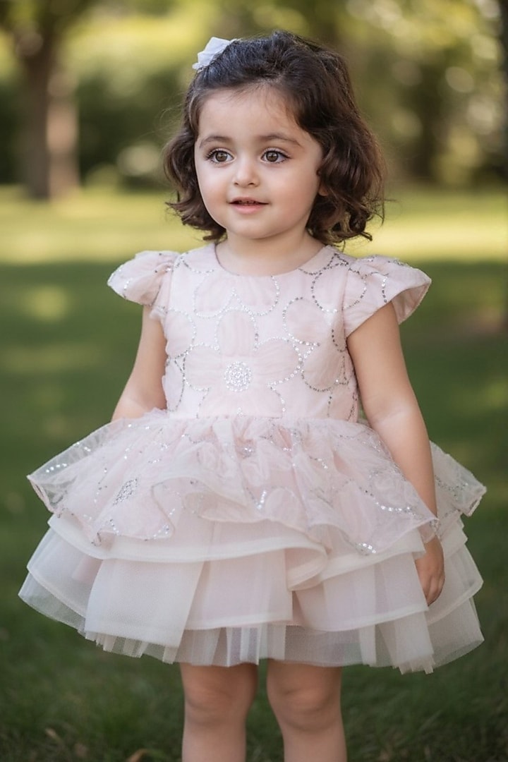 Peach Lace Sequin Embellished Dress For Girls by Pooja Wang at Pernia's Pop Up Shop