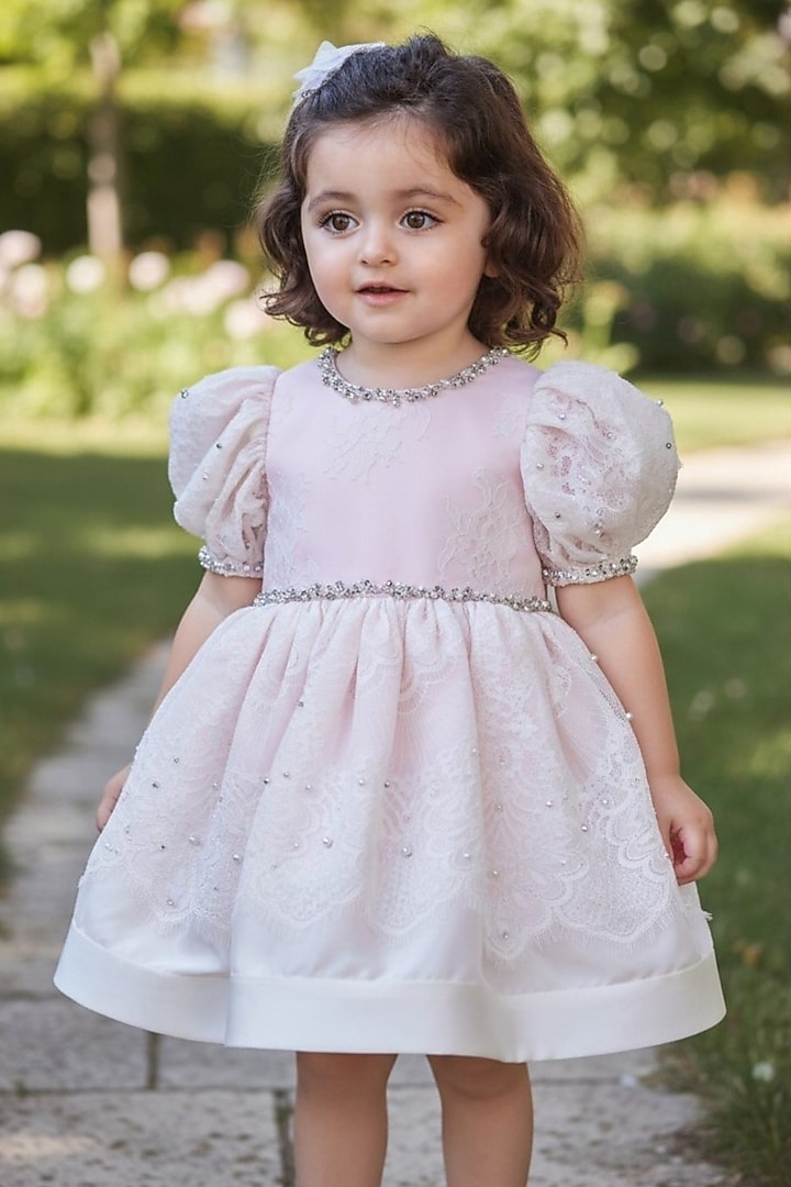 Baby Pink Organza Pearl Embellished Dress For Girls by Pooja Wang at Pernia's Pop Up Shop