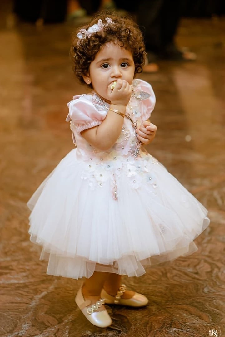 Baby Pink Satin Applique Embellished Dress For Girls by Pooja Wang at Pernia's Pop Up Shop