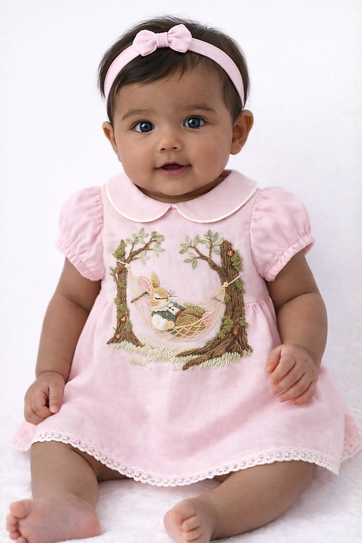 Baby Pink Linen Embroidered Dress For Girls by Pooja Wang at Pernia's Pop Up Shop