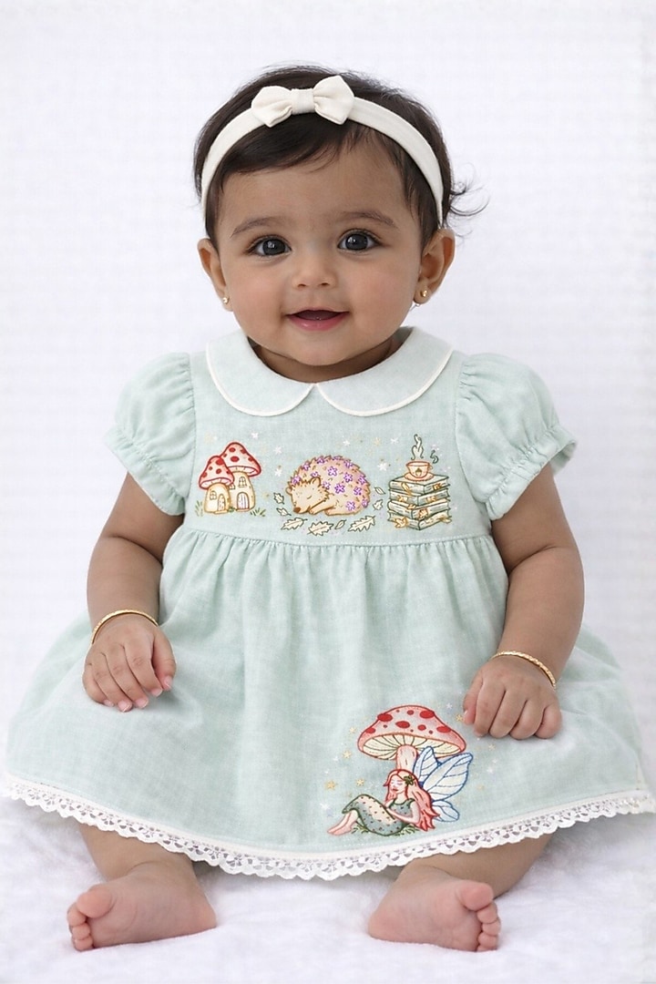 Sea Green Cotton Linen Embroidered Dress For Girls by Pooja Wang at Pernia's Pop Up Shop