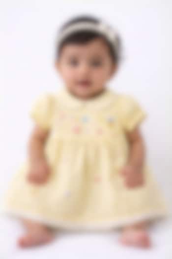Yellow Cotton Linen Hand Embroidered Gathered Dress For Girls by Pooja Wang at Pernia's Pop Up Shop