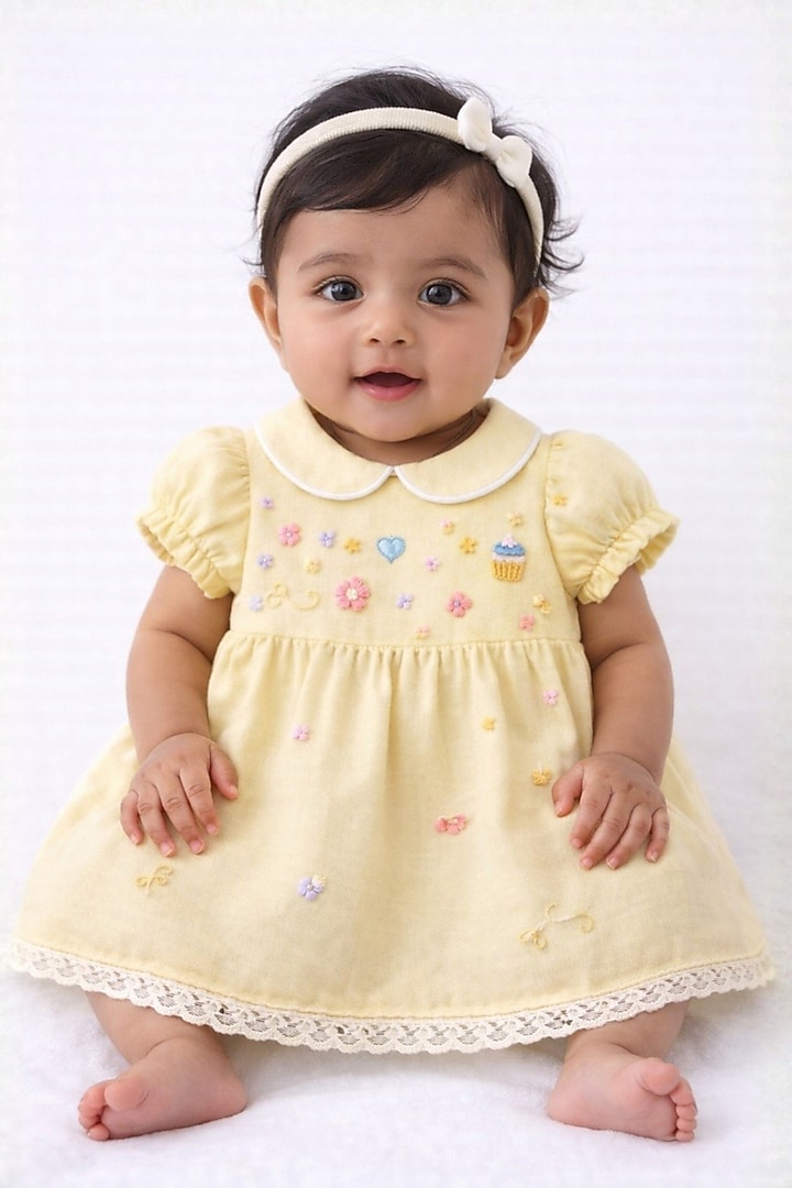 Yellow Cotton Linen Hand Embroidered Gathered Dress For Girls by Pooja Wang at Pernia's Pop Up Shop