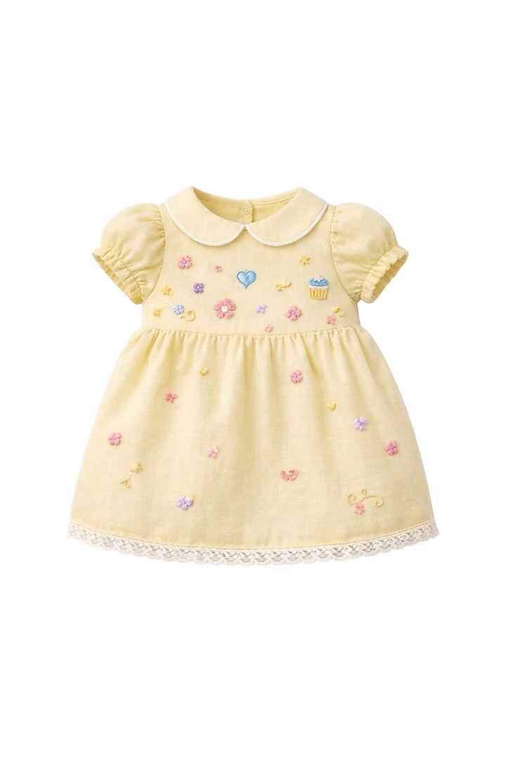 Yellow Cotton Linen Hand Embroidered Gathered Dress For Girls by Pooja Wang at Pernia's Pop Up Shop