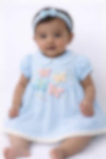 Ice Blue Cotton Linen Embroidered Gathered Dress For Girls by Pooja Wang at Pernia's Pop Up Shop