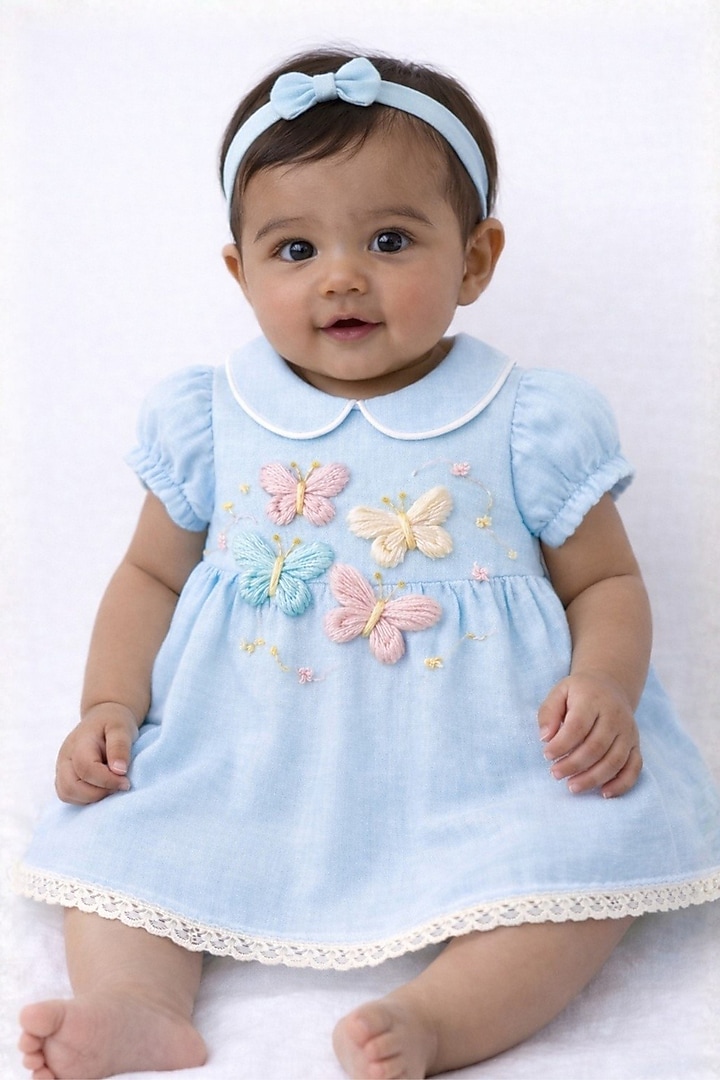Ice Blue Cotton Linen Embroidered Gathered Dress For Girls by Pooja Wang at Pernia's Pop Up Shop