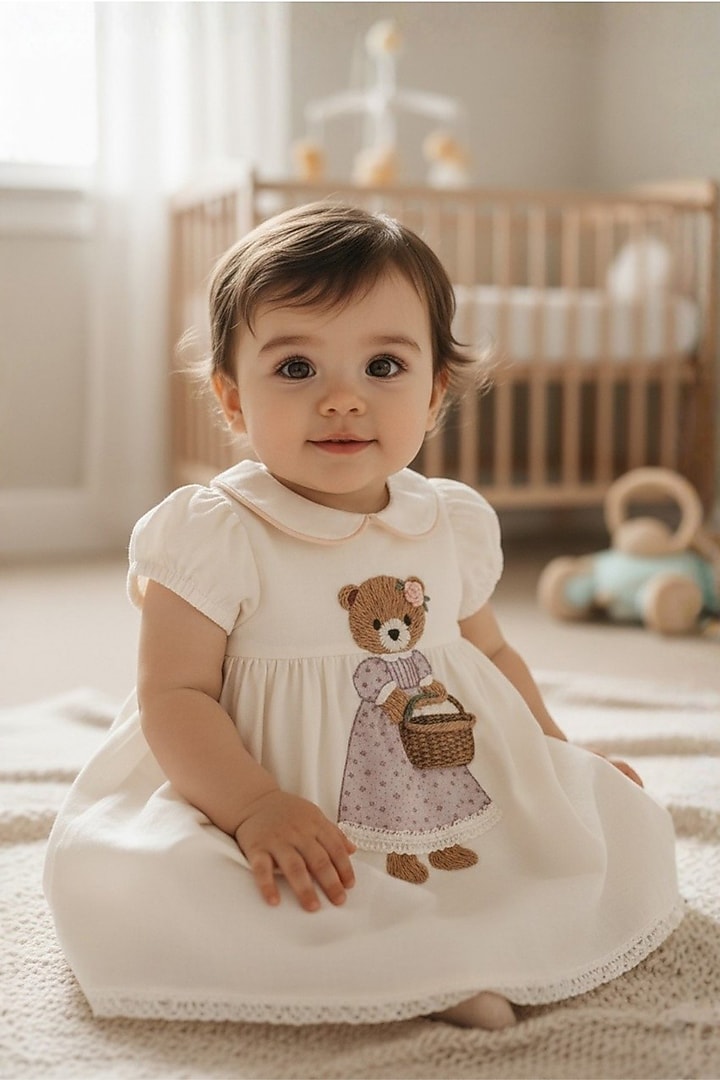 Ivory Cotton Linen Hand Embroidered Dress For Girls by Pooja Wang at Pernia's Pop Up Shop