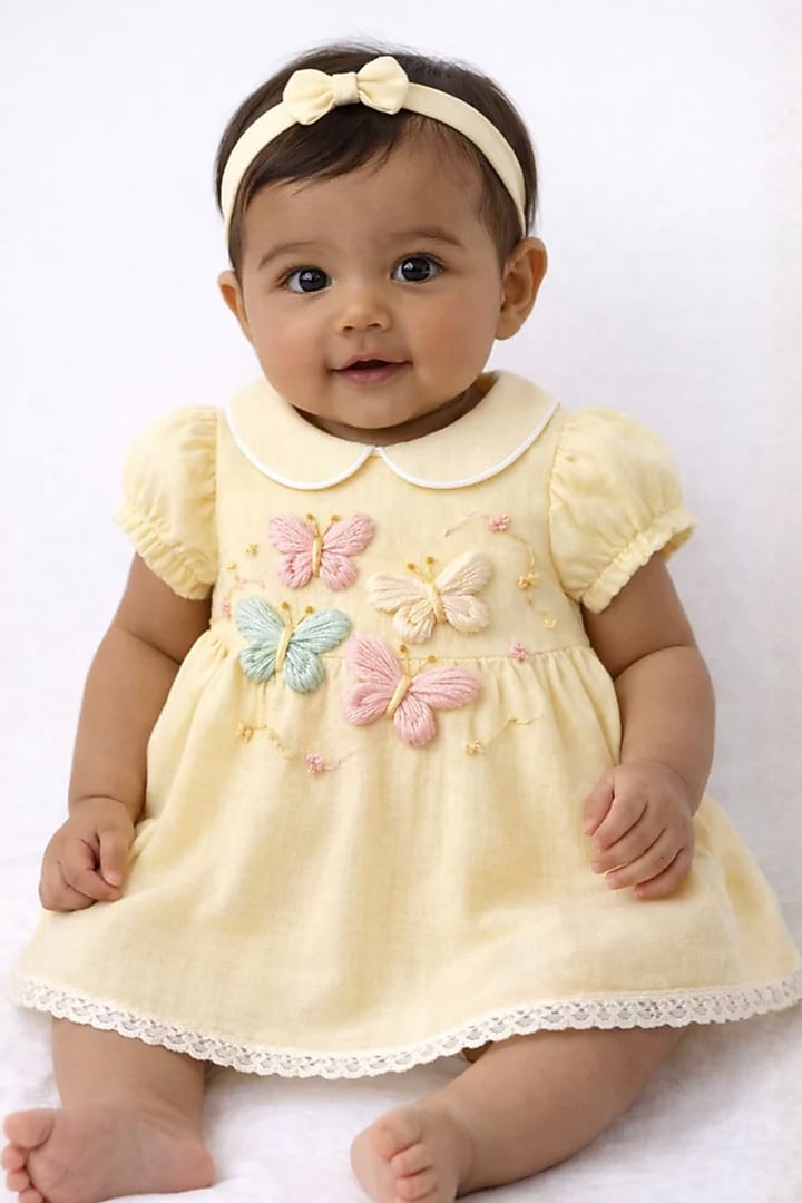 Lemon Yellow Cotton Linen Hand Embroidered Dress For Girls by Pooja Wang at Pernia's Pop Up Shop
