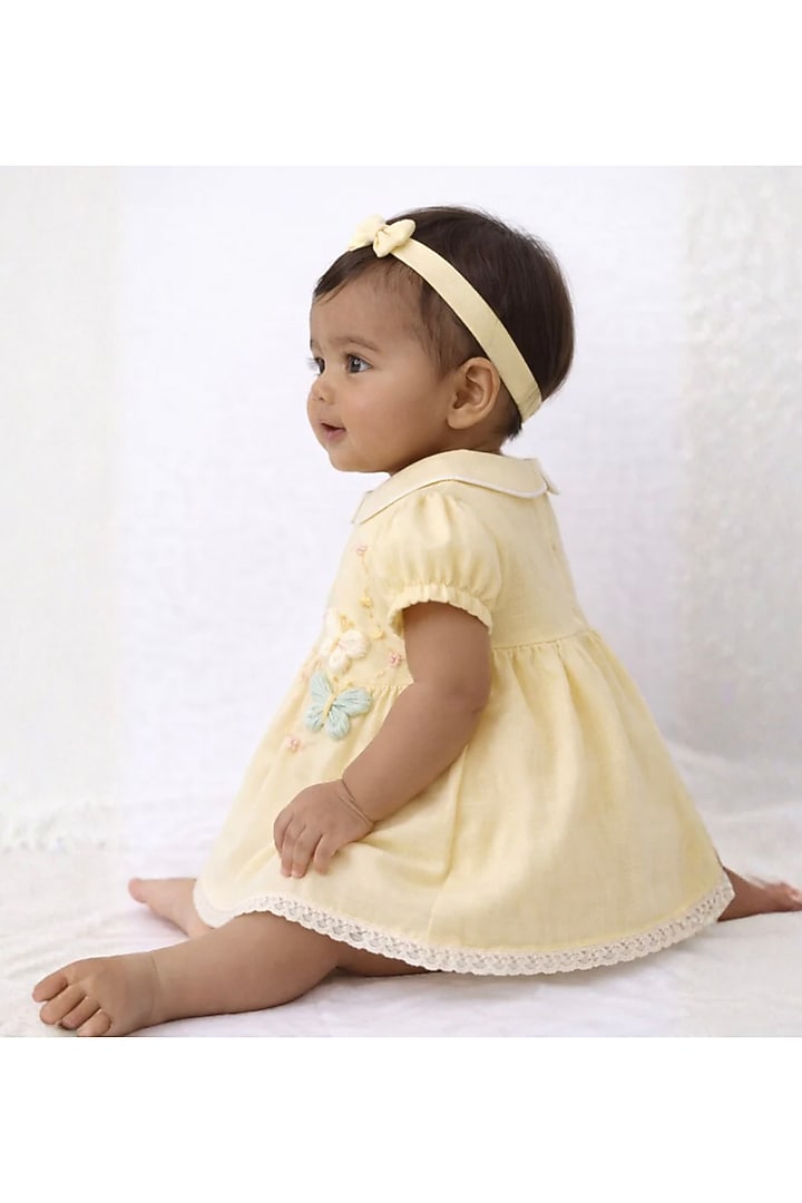 Lemon Yellow Cotton Linen Hand Embroidered Dress For Girls by Pooja Wang at Pernia's Pop Up Shop
