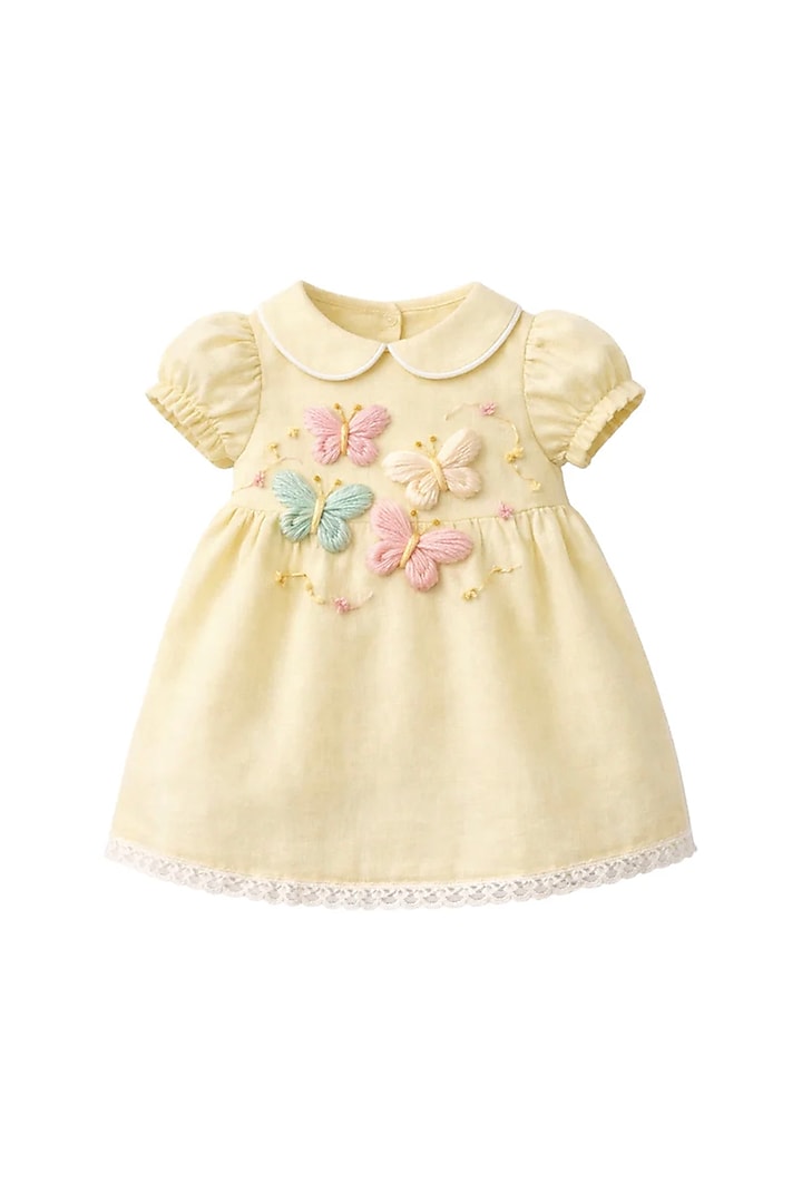 Lemon Yellow Cotton Linen Hand Embroidered Dress For Girls by Pooja Wang at Pernia's Pop Up Shop