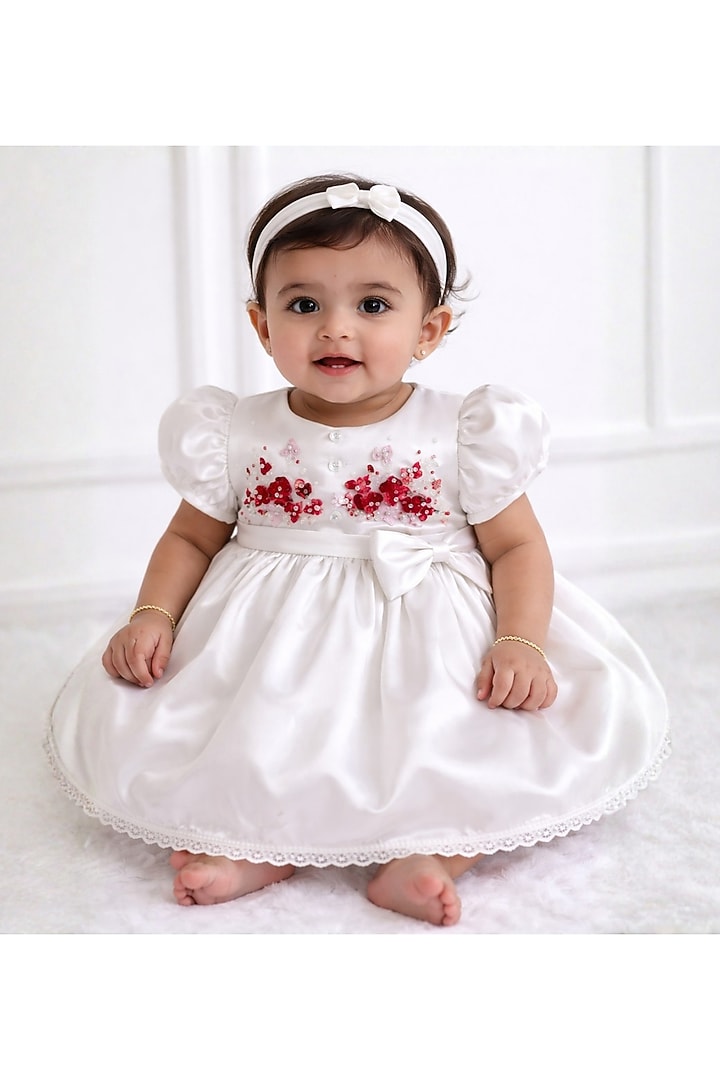 Ivory Dutch Satin Floral Hand Embroidered Dress For Girls by Pooja Wang at Pernia's Pop Up Shop