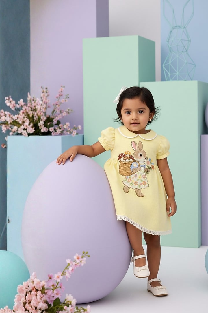 Lemon Yellow Cotton Linen Floral Embroidered Dress For Girls by Pooja Wang at Pernia's Pop Up Shop
