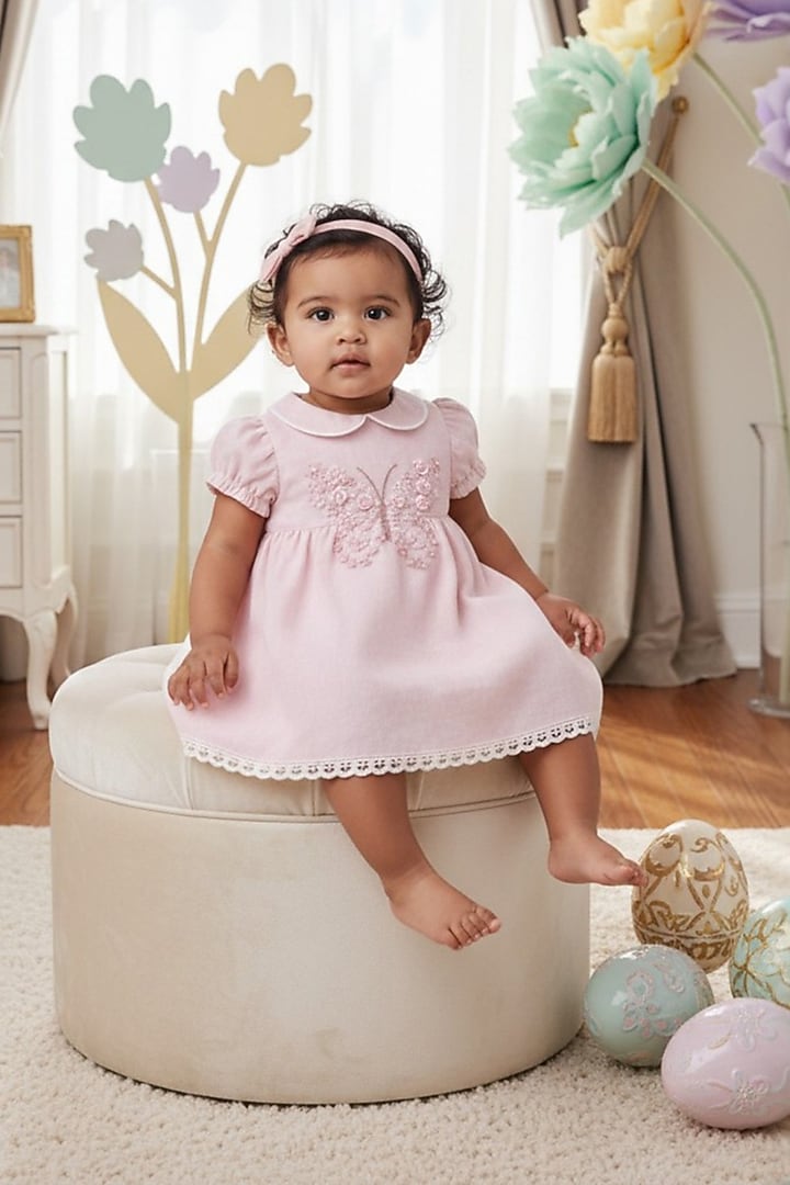 Baby Pink Cotton Linen Floral Embroidered Dress For Girls by Pooja Wang at Pernia's Pop Up Shop