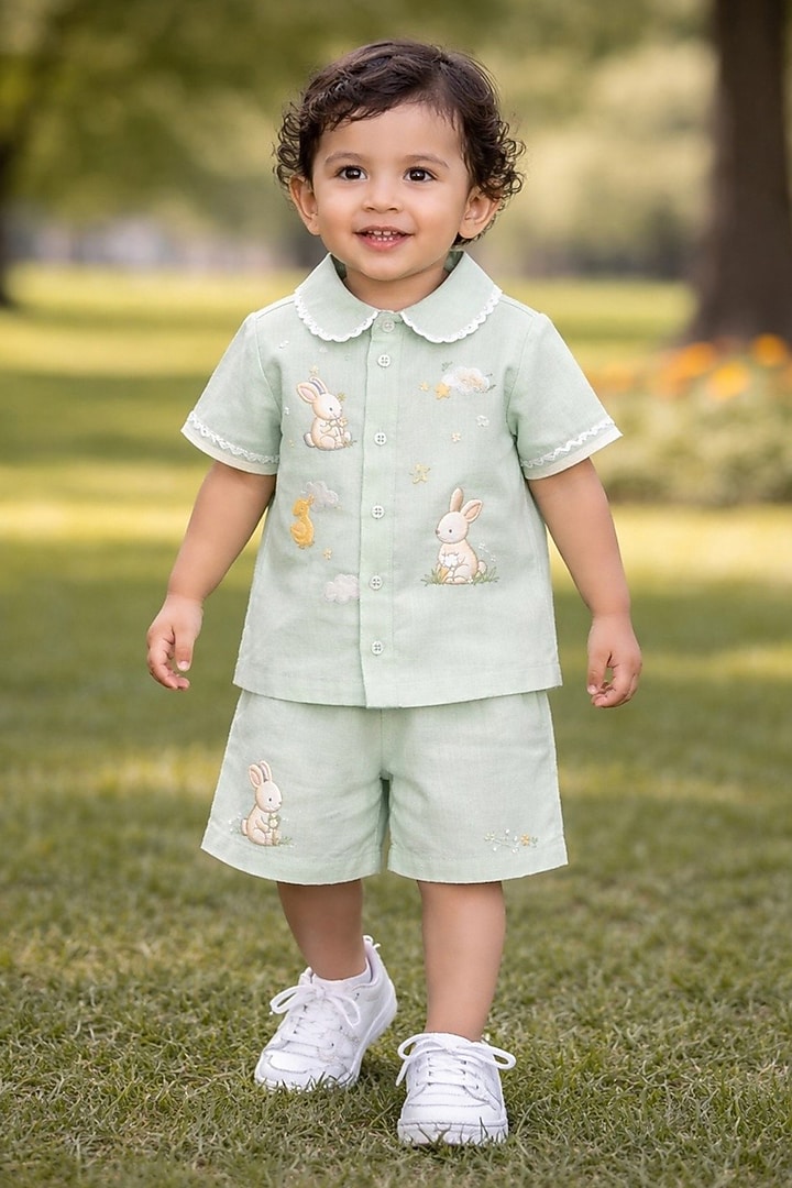 Sea Green Cotton Linen Co-Ord Set For Girls by Pooja Wang at Pernia's Pop Up Shop