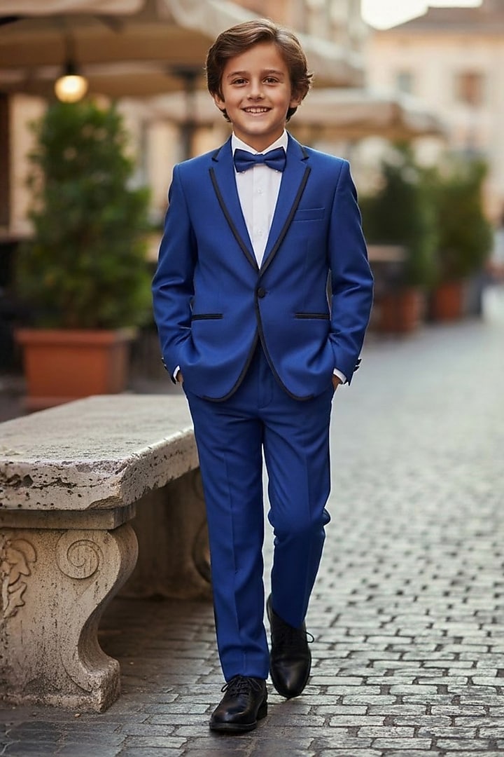 Royal Blue Gabardine Tuxedo Set For Boys by Pooja Wang at Pernia's Pop Up Shop