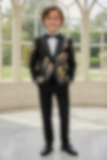 Black Gabardine Sequin Embroidered Tuxedo Set For Boys by Pooja Wang at Pernia's Pop Up Shop