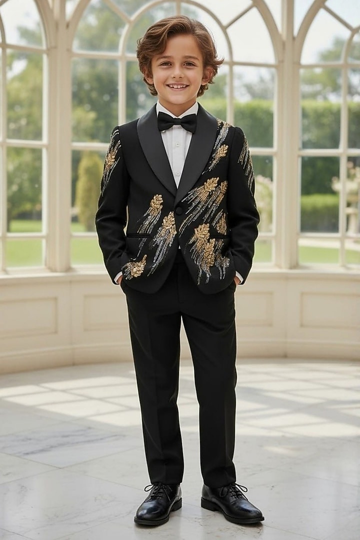 Black Gabardine Sequin Embroidered Tuxedo Set For Boys by Pooja Wang at Pernia's Pop Up Shop