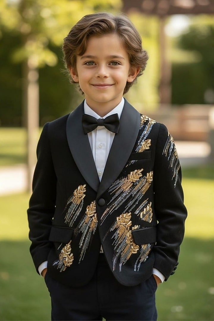 Black Gabardine Sequin Embroidered Tuxedo Set For Boys by Pooja Wang at Pernia's Pop Up Shop