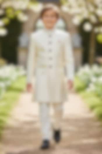 Golden Cotton Bandhgala Set For Boys by Pooja Wang at Pernia's Pop Up Shop