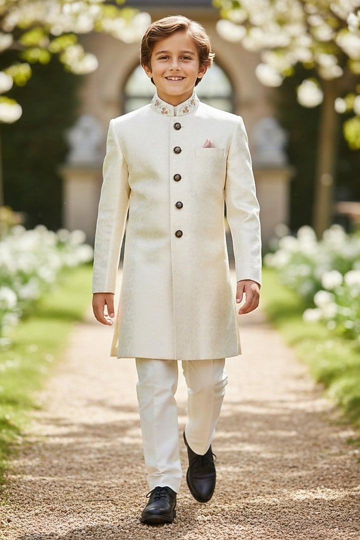 Golden Cotton Bandhgala Set For Boys by Pooja Wang at Pernia's Pop Up Shop