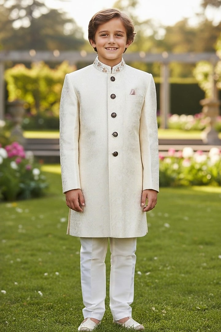 Golden Cotton Bandhgala Set For Boys by Pooja Wang at Pernia's Pop Up Shop