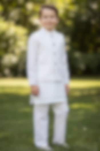 White Cotton Hand Work Nehru Jacket Set For Boys by Pooja Wang at Pernia's Pop Up Shop