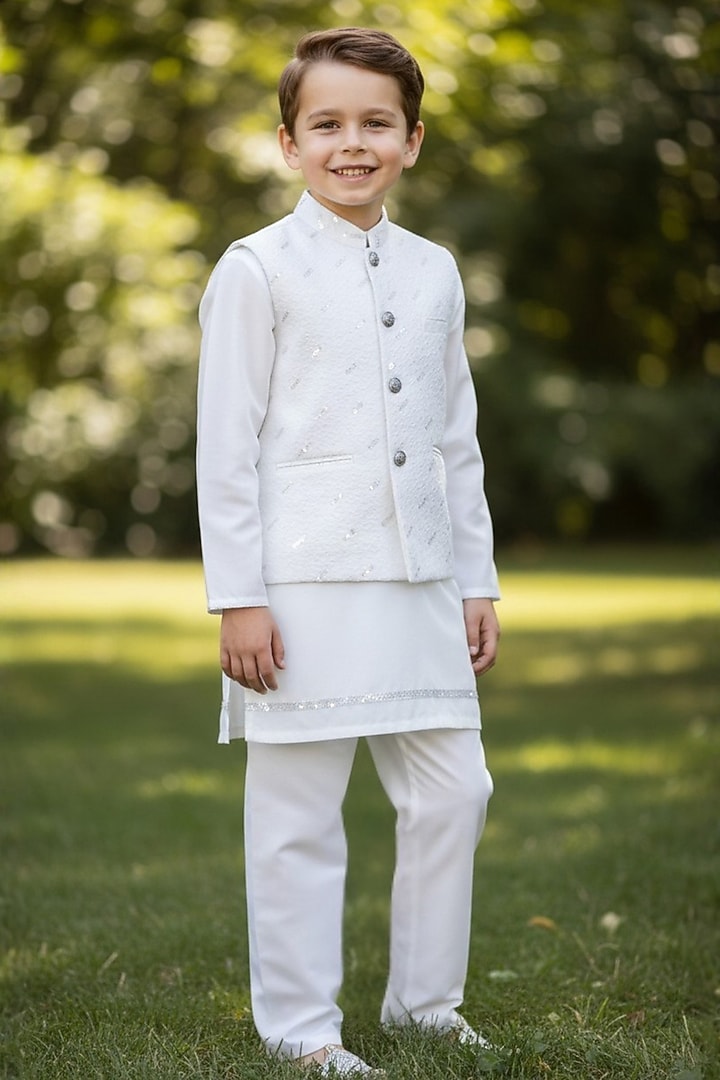 White Cotton Hand Work Nehru Jacket Set For Boys by Pooja Wang at Pernia's Pop Up Shop