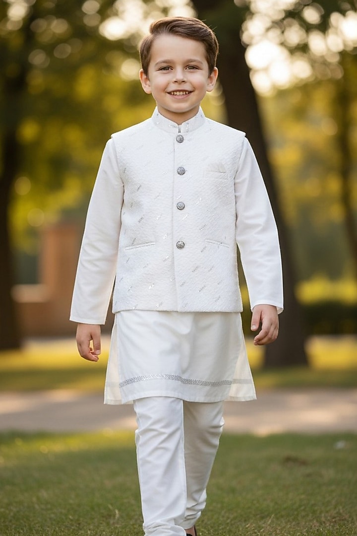 White Cotton Hand Work Nehru Jacket Set For Boys by Pooja Wang at Pernia's Pop Up Shop