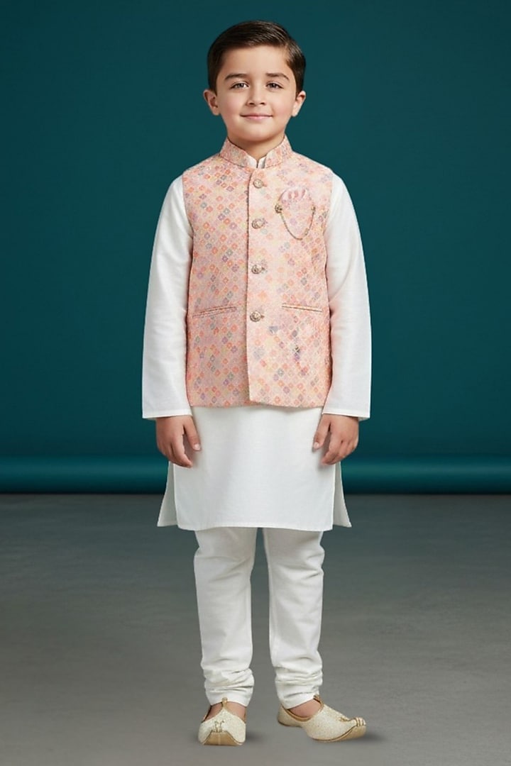 Pastel Pink Cotton Printed Nehru Jacket Set For Boys by Pooja Wang at Pernia's Pop Up Shop